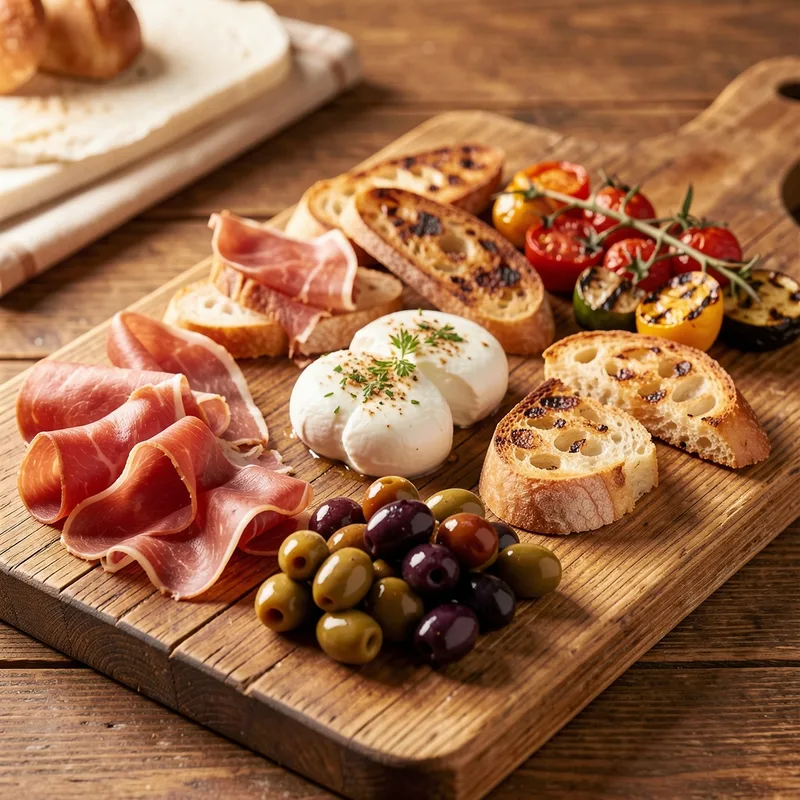 Plateau d'antipasti italiens : prosciutto, mozzarella, olives, tomates séchées et bruschetta
