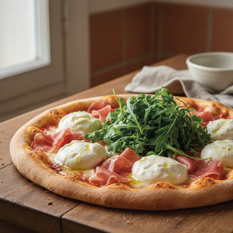 Pizza garnie de burrata crémeuse, jambon cru et roquette fraîche sur planche en bois