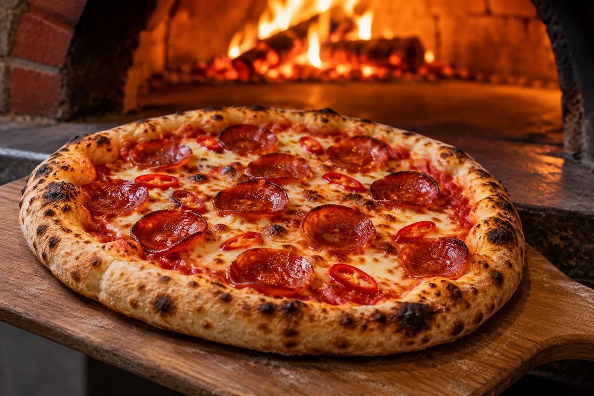 Pizza diavola au salami piquant et au piment rouge sortie d'un four à bois, posée sur une pelle en bois