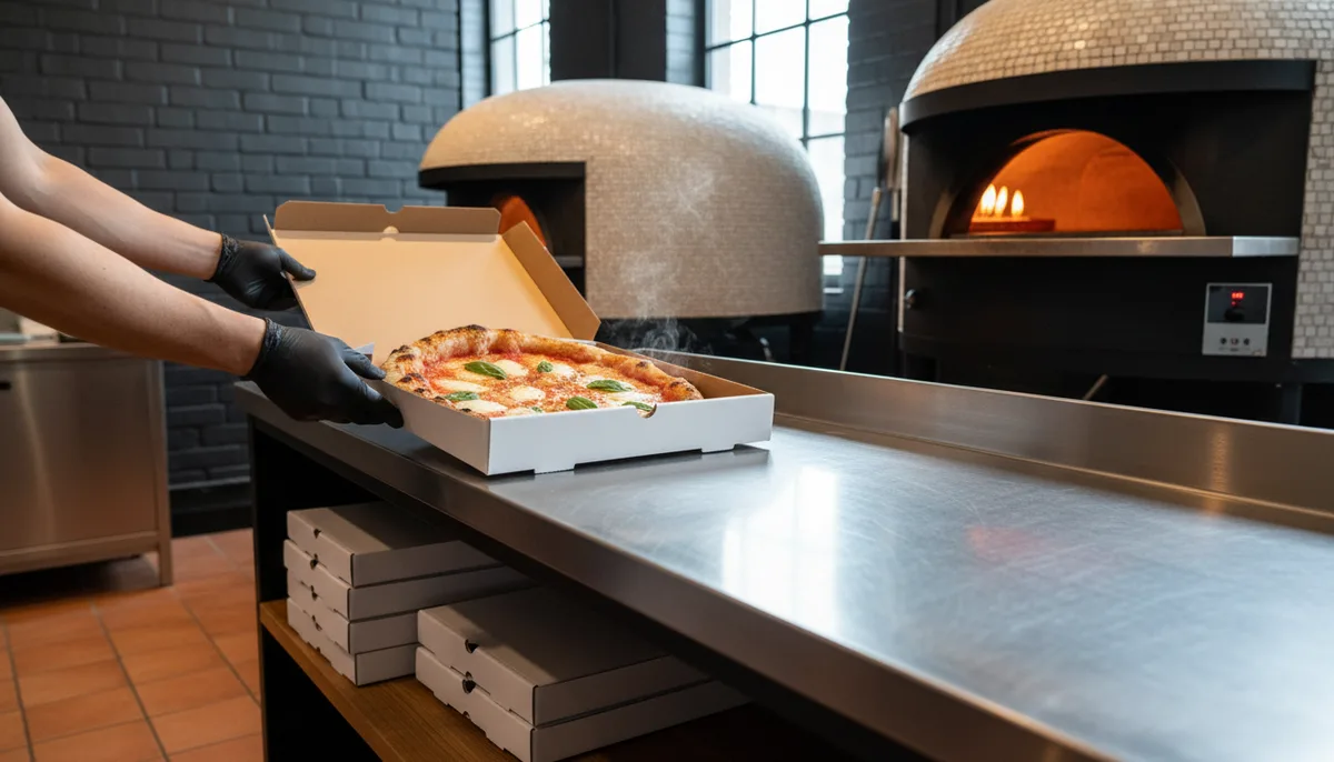 Comptoir d'une pizzeria à emporter avec four à pizza et commandes prêtes au retrait