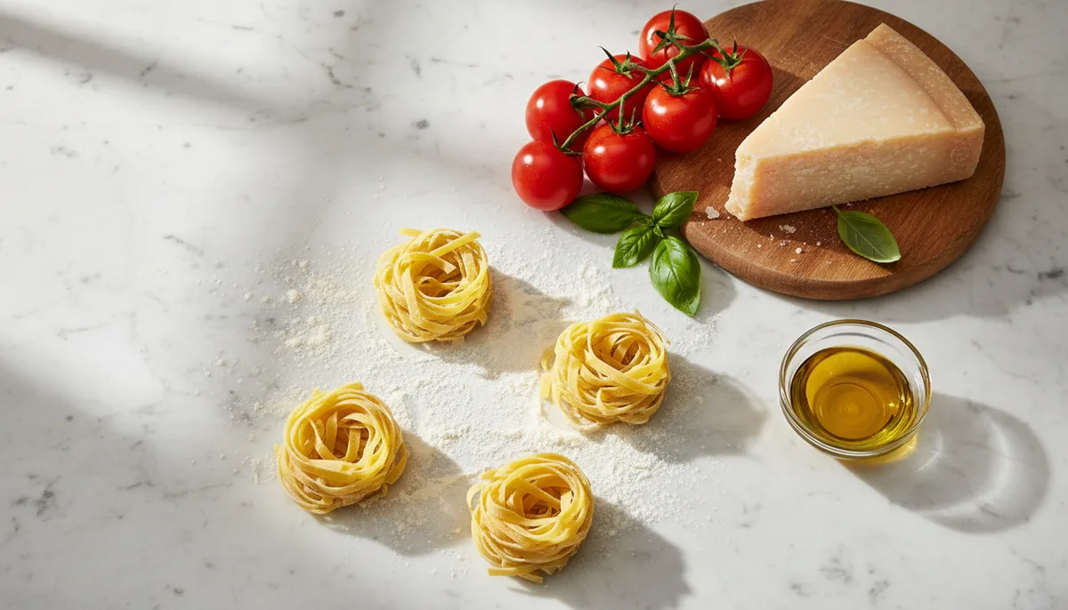 Table garnie de plats italiens traditionnels avec pâtes fraîches, saltimbocca et tiramisu