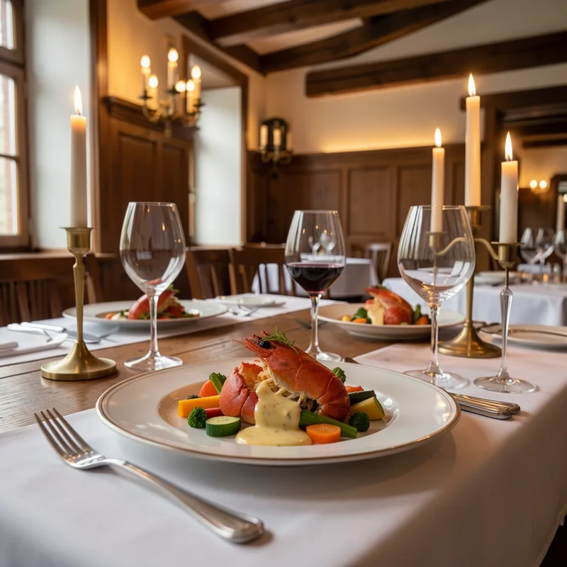 Salle élégante d'un restaurant gastronomique à Colmar avec nappes blanches et éclairage tamisé