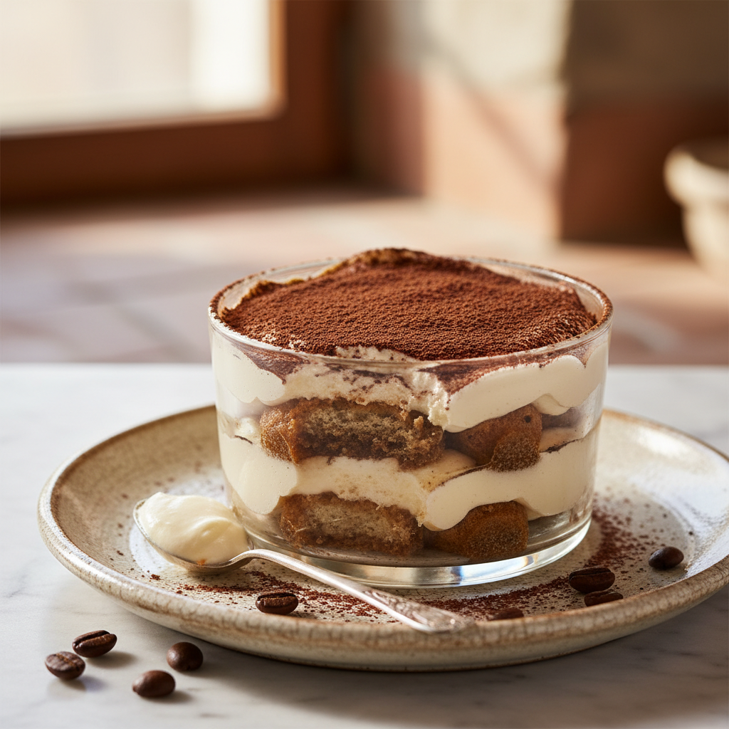 Tiramisu italien authentique dans son plat de service avec cacao en poudre